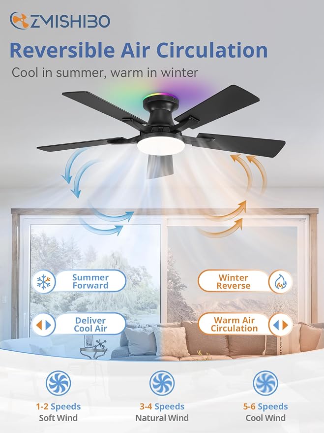 ZMISHIBO 42 Inch Ceiling Fans with RGB Lights, Low Profile Flush Mount Ceiling Fan with Alexa/App/Remote, Dimmable 20W LED Light, Black Modern Fan for Living Room, Bedroom, Game Room