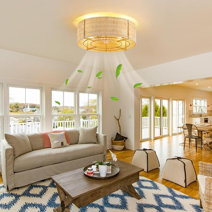 Boho Ceiling Fan with Light, Rattan Fandelier Flush Mount with Remote, Reversible Motor, Enclosed Low Profile Wicker Cage,Farmhouse Caged Ceiling Fans for Bedroom, Living Room, Kitchen