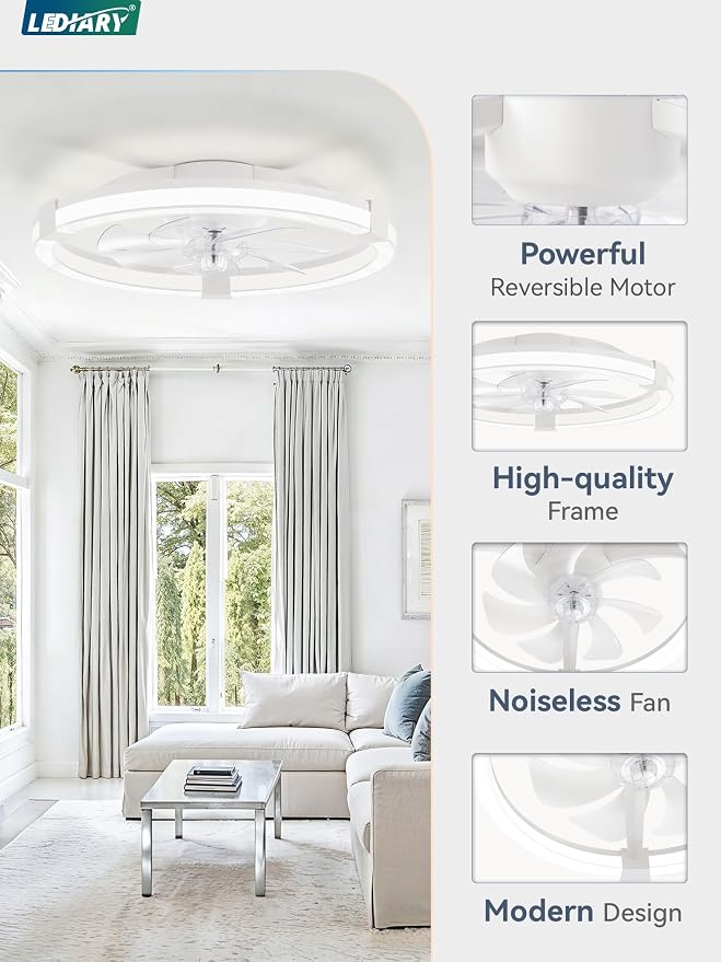 LEDIARY Ceiling Fans with Lights, 20 Inch Low Profile Ceiling Fan with Remote, 6 Speeds, Reversible, Dimmable Flush Mount Fan Light, Modern Fandelier Ceiling Fan with Lights for Bedroom, White