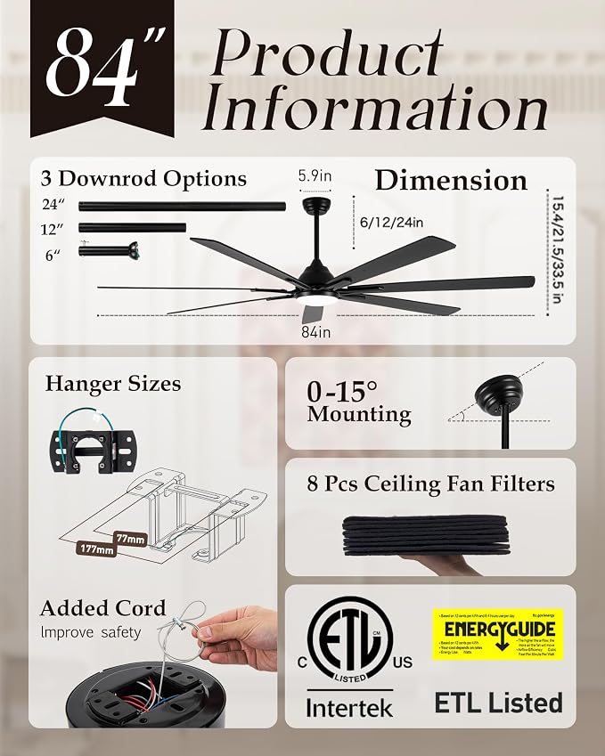 Minislak 84" Large Smart Ceiling Fan with Lights Remote Control via WiFi Alexa,6-Speeds Quiet DC Motor,Dimmable,Indoor Outdoor Black Ceiling Fan for Big Living Room,Covered Patio,Dual Finish 7 Blades