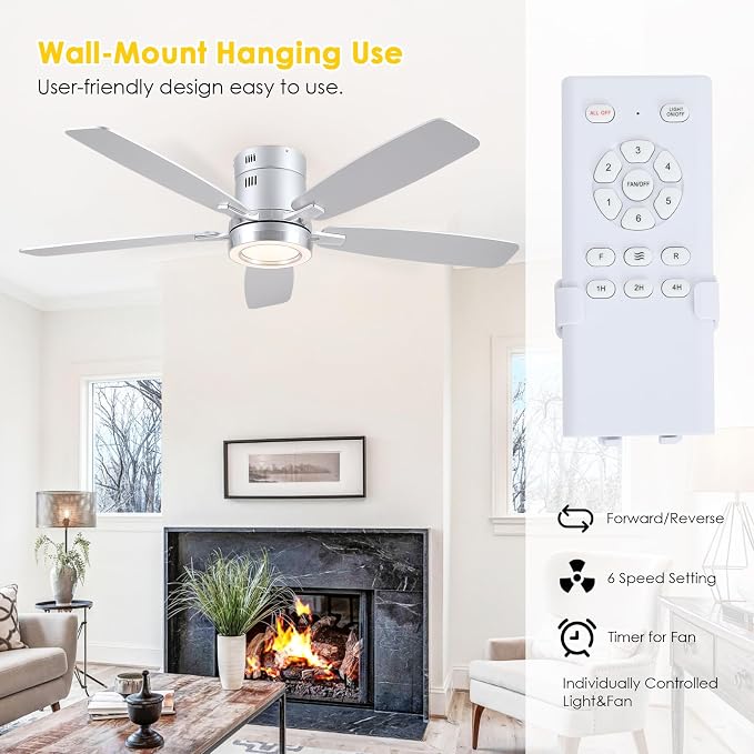 52 Inch Modern Ceiling Fans with Lights Flush Mount Indoor, Silver | Low Profile, Dimmable LED, Reversible, Quiet DC Motor, Wooden Blades, for Modern Apartment Bedroom Home Office Living Room
