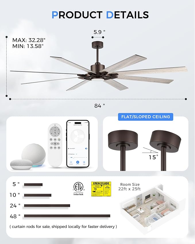 84 Inch Ceiling Fan with Light,Large Outdoor Ceiling Fan for High Ceilings,Smart Ceiling Fan Compatible with Alexa,Modern Oil Rubbed Bronze Ceiling Fan with Dual Finish 8 Blades, ZCCF05ORB-84