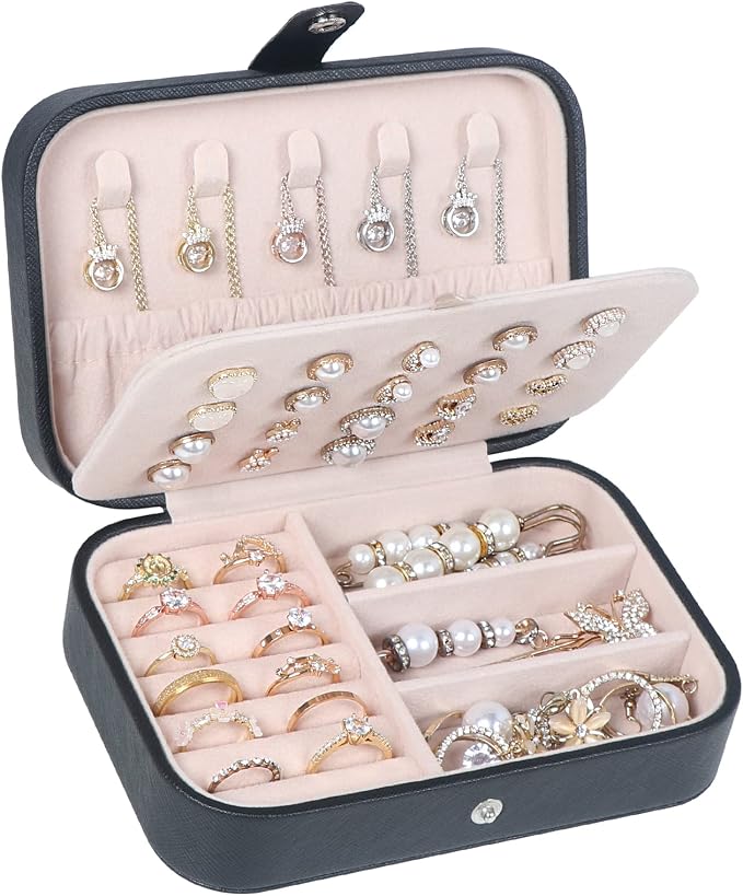 Hatori Travel Jewelry Box, PU Leather Small Jewelry Organizer for Women Girls, Double Layer Portable Mini Travel Case Display Storage Holder Boxes for Stud Earrings, Rings (Black Beige)