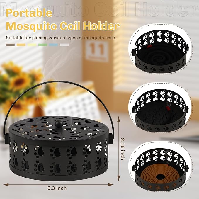Portable Mosquito Coil Holder, Iron Mosquito Incense Holder with Handle for Home, Office, Camping with Cat Paw Cutout Design (Black)