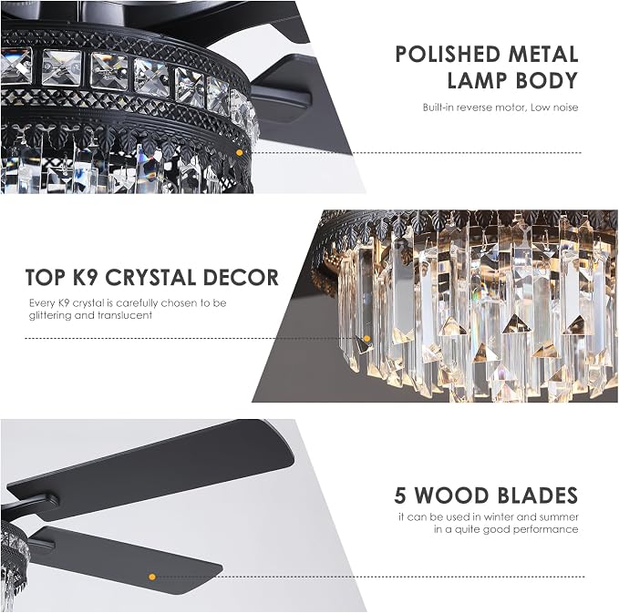 52" Chandelier Crystal Ceiling Fans with Lights and Remote/APP Control | Supports Remote and APP,Reversible 6 Wind Speeds,30W Quiet DC Motor,6 Wood Blades,Dimmable 30W LED,Suits for Bedroom Kitchen
