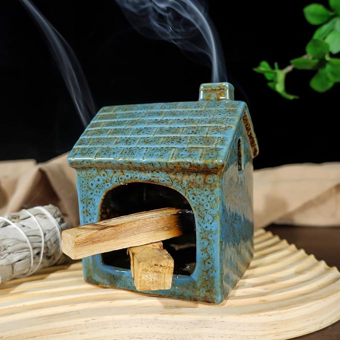 Mougigi Blue House Palo Santo Burner Holder - Ceramic Mini Chiminea with Stable Base for Burning Sage & Incense Cones-Ideal Small Smudge Bowl for Zen Altars, Meditation,Yoga Spaces, Home Decor & Gifts