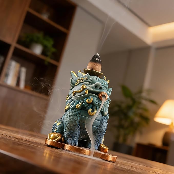 Backflow Incense Burner - Resin Tabletop Incense Holder for Cones, Fortune Dragon Statue Home Decor, Desktop Aromatherapy Ornament with Smoke Waterfall Effect for Living Room