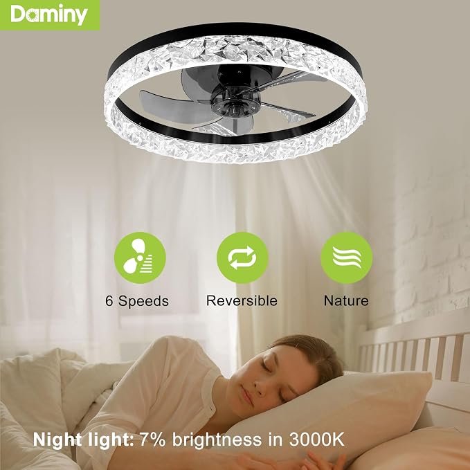 DAMINY 20inch Black Ceiling Fans with Lights and Remote, 6CCT, Dimmable Smart Low Profile Ceiling Fan with Light, 6 Speeds Flush Mount Modern Bladeless Ceiling Fan for Bedroom