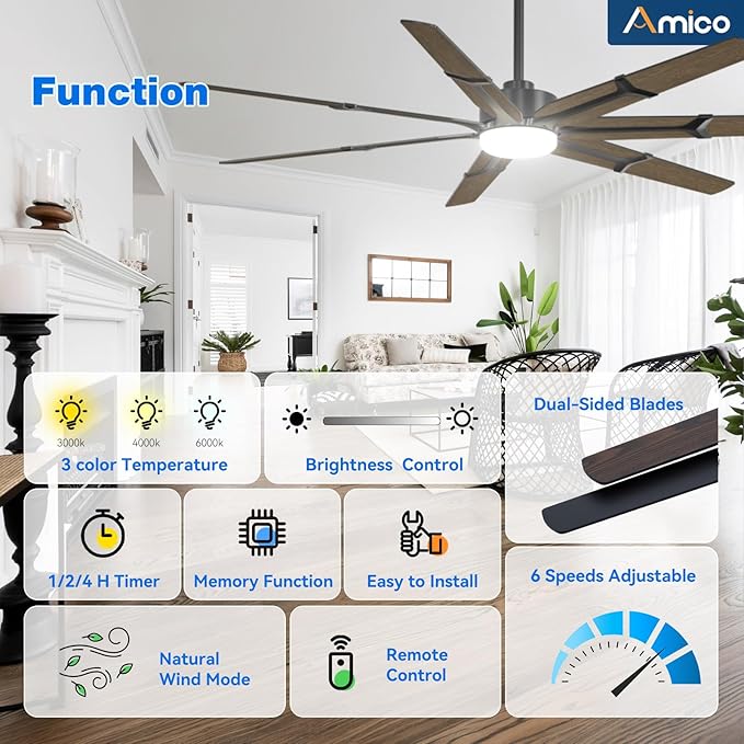 Amico 72 Inch Ceiling Fans with Lights and Remote, Indoor Outdoor Ceiling Fan for Patio Living Room, Kitchen, Quiet 6-Speed Reversible DC Motor, Dual-Sided Blades, Modern Farmhouse Dimmable & 3CCT