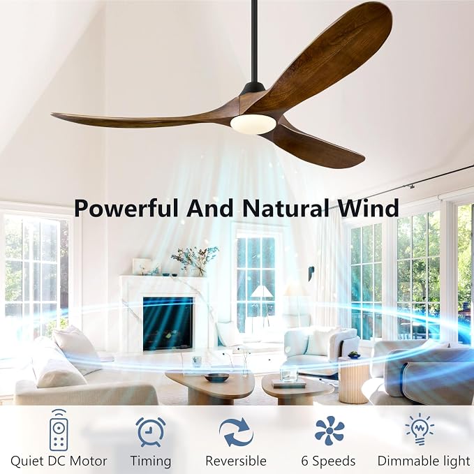 ABZ 52 Inch Ceiling Fans with Lights and Remote Control, Outdoor Ceiling Fan with Light 3 Blades Propeller Solid Wood Ceiling Fan for Indoor Bedroom Living Room, Walnut Wood