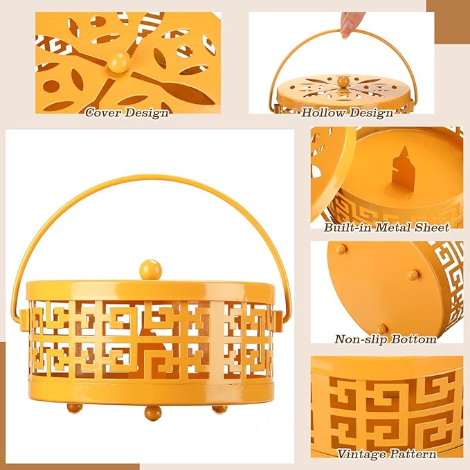 Lallisa 4 Pieces Mosquito Coil Holder Incense Coil Holder Round Retro Portable Metal Hanging Incense Burner with Handle for Home Camping Indoor Outdoor Patio(Yellow)