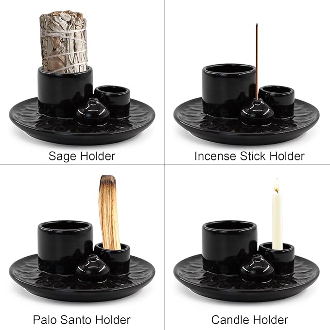 4 in 1 Ceramic Incense Holder, Incense Burner Ash Catcher Palo Santo Sage Holder for Home Decor Meditation Yoga (Black)