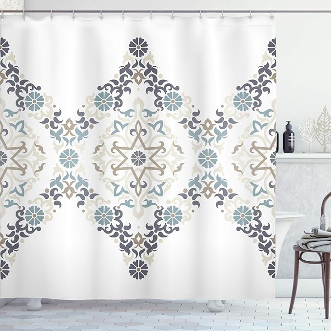 Ambesonne Ethnic Shower Curtain, Ottoman Mosaics in Tones Royal Revival Victorian Palace Inspired Retro Print, Cloth Fabric Bathroom Decor Set with Hooks, 69" W x 84" L, Blue Grey