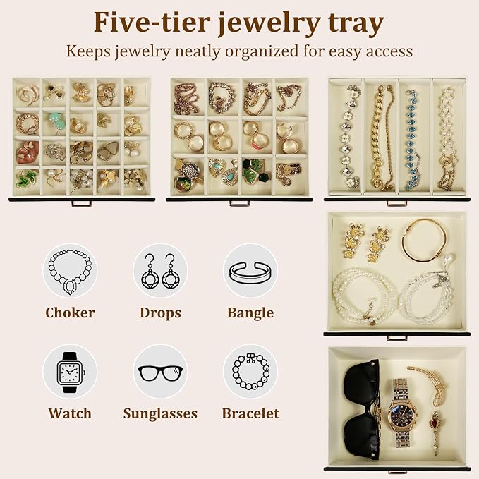 KAMIER Jewelry Box for Women, 6-Layer Large Jewelry Organizer Box with Mirror & 5 Drawers for Rings, Earrings, Necklaces, Bracelets,Black