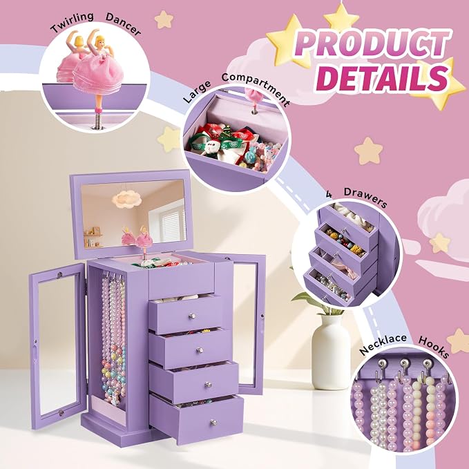 Emfogo Jewelry Box for Girls, Musical Jewelry Box with Spinning Dancer Gifts for Little Girls Christmas New Year Birthday Children's Day, 5 Layer Large Wooden Kids Music Jewelry Organizer Box(Purple)