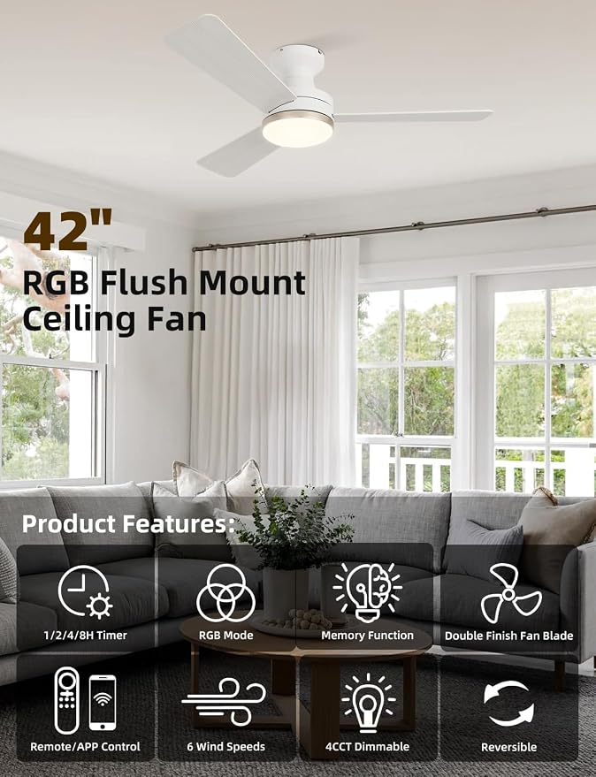42" RGB Ceiling Fan with Light, Music Sync Smart Fan Works with Alexa/Google Assistant/App Control, Low Profile Flush Mount, 6-Speed Quiet DC Motor, 4 CCT Dimmable Lighting for Bedroom, Champagne Gold