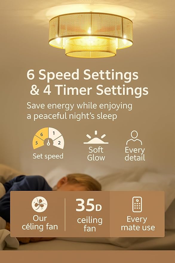 20'' Caged Ceiling Fans with Lights, Boho Flush Mount Ceiling Fan with Light, Rattan Bladeless with 6 Speeds, Low Profile Remote Control for Bedroom,Dining Room