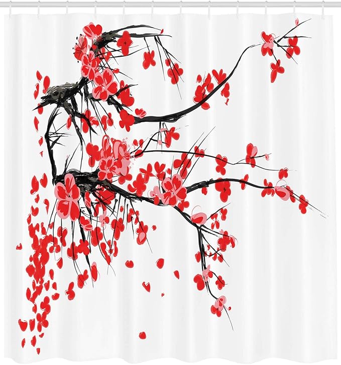 Ambesonne Floral Shower Curtain, Japanese Cherry Blossom Sakura Blooms Branch Spring Inspirations Print, Cloth Fabric Bathroom Decor Set with Hooks, 69" W x 75" L, Vermilion Brown White