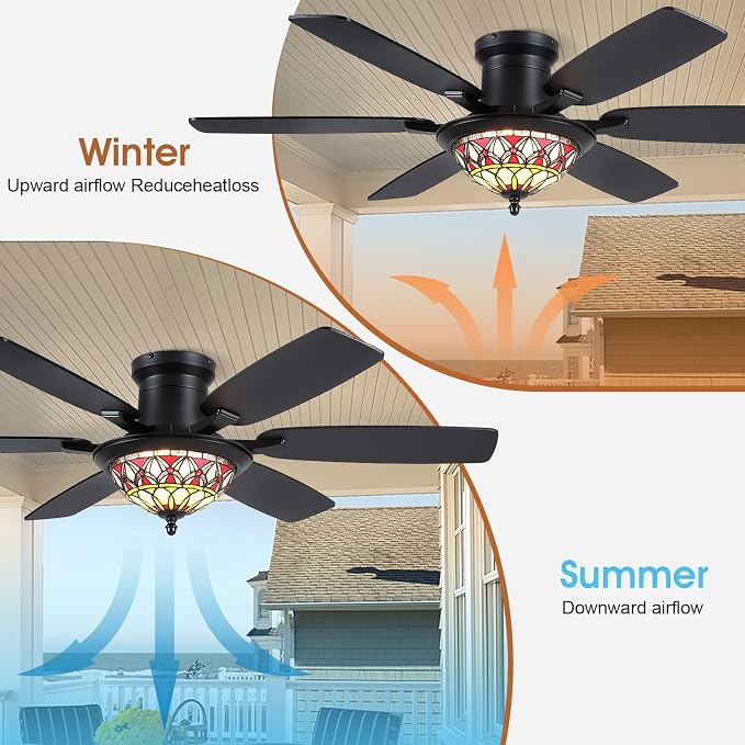 Tiffany Ceiling Fans with Lights - 52" Ceiling Fan Chandelier with Stained Glass Shade, 6 Speeds Reversible 6 Dual-Blades, Flush Mount, 3 CCT Dimmable LED Lights, Remote & APP Control, Retro Style