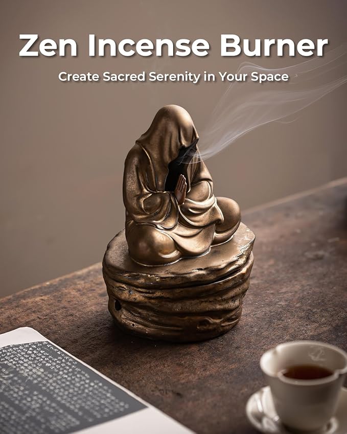 Ceramic Incense Burner for Cone & Coil – Faceless Buddha Statue for Protection, Evil Spirit Cleansing & Zen Meditation, Home Decor to Ward Off Negativity