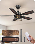 EDISHINE 42" Farmhouse Ceiling Fans with Lights and Remote, 10%-100% Dimmable, Reversible DC Motor, 6 Speed, 5 Wooden Blades, Timer, Rustic Caged Fandelier Ceiling Fan for Living Room, Bedroom