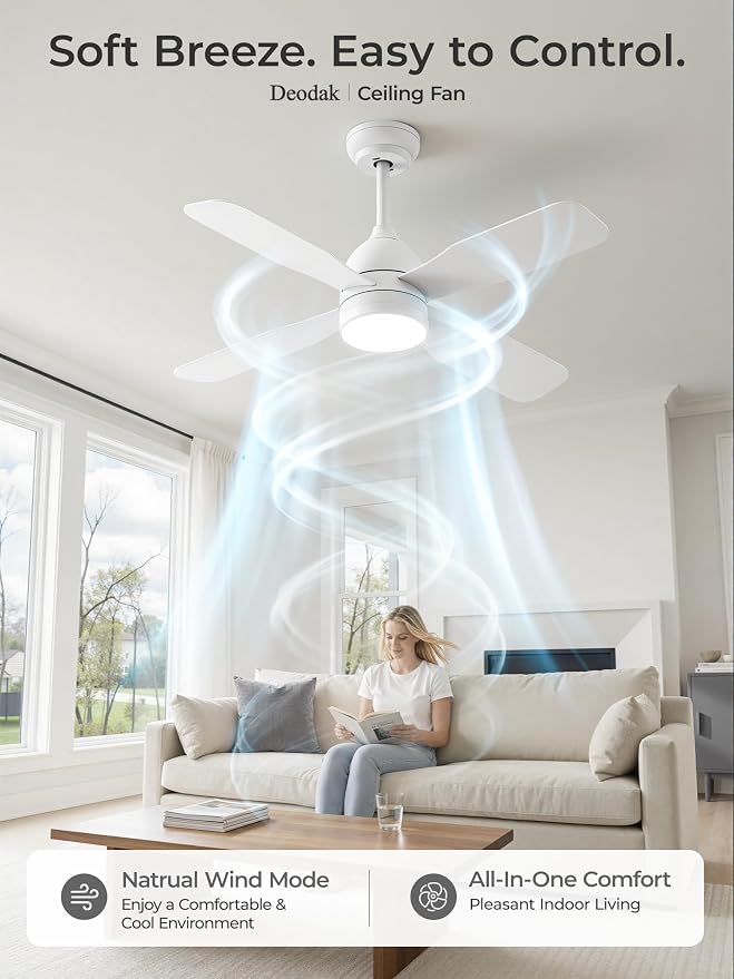 42 Inch Ceiling Fans with Lights: Ceiling Fan with 4 Dual Sided Fan Blades, Remote and App Control, 6 Wind Speed, Reversible DC Motor, 3CCT Dimmable LED, Small White Ceiling Fan for Bedroom