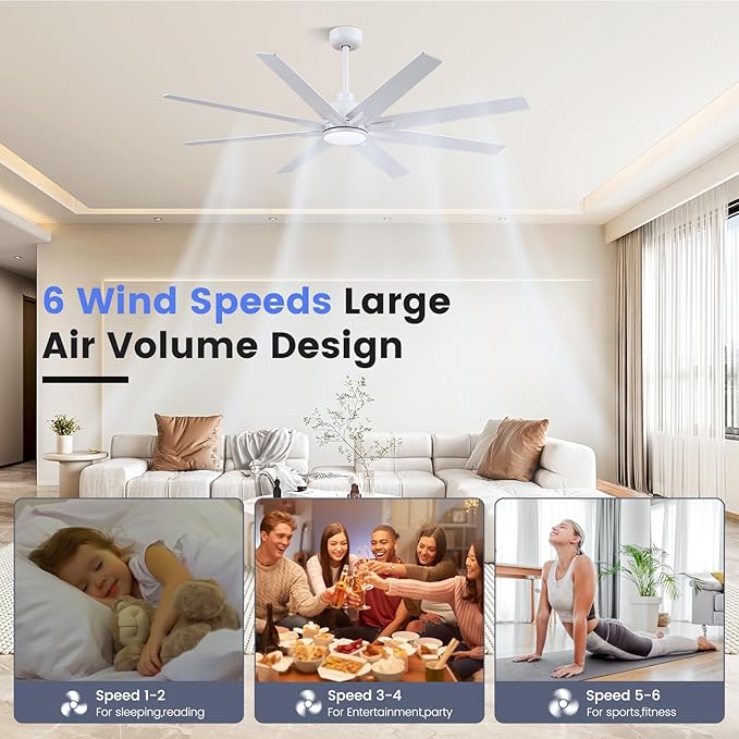 Newday 62 Inch White Ceiling Fan with Light and Remote, 8-Blade 8500 CFM High Airflow DC Motor, 3 CCT Dimmable LED, Reversible White/Oak Blades, 3 Downrods (6"/12") for High Ceiling Living Room Patio
