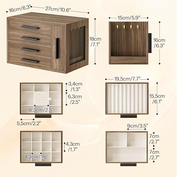 HOOBRO Jewelry Box for Women, Wooden Jewelry Organizer with Transparent Window, 4-Layer Jewelry Organizer Box, Jewelry Holder Organizer for Earrings, Necklaces, Rings, Light Walnut and Black BSD09JB04