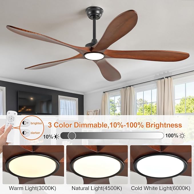 60 Inch Wood Ceiling Fans with Lights and Remote Control, Indoor Outdoor Modern Black Ceiling Fan with Light for Patio Office,Bedroom, 5 Blades, Dimmable, Reversible DC Motor, Memory Function