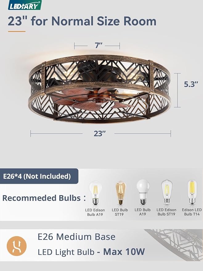 LEDIARY 23" Caged Ceiling Fan with Light, Large Flush Mount, App&Remote Control, Low Profile Bladeless Fan Light Fixture 6 Speed, Reversible and Quiet Motor-Black Gold
