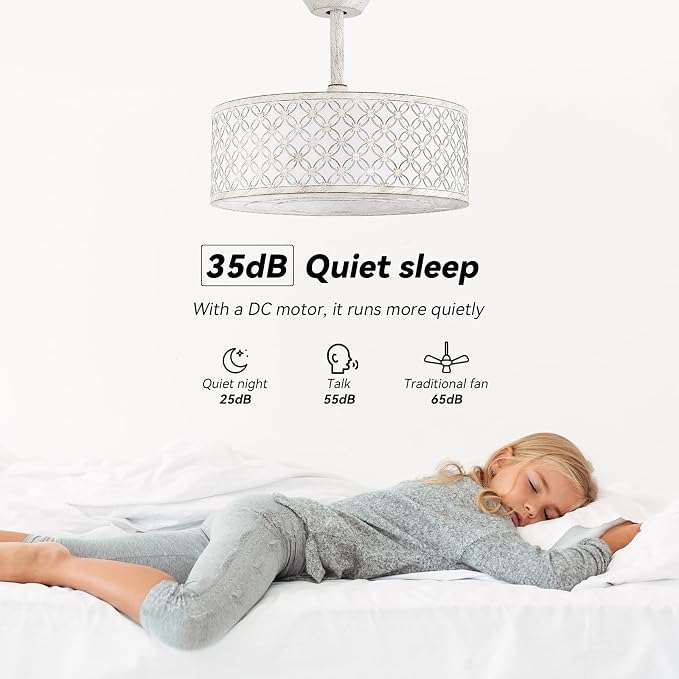 White Fandelier Ceiling Fan with Light, 20" Caged White Chandelier Ceiling Fans with Lights Remote Control, Fabric Mid-Century Modern with 6 Speeds for Bedroom, Nursery, Living Room.