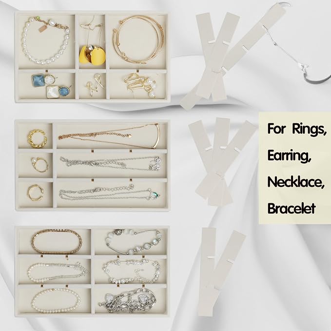Set of 8 Stackable Jewelry Organizer Trays with 1 Lid for Drawer & Dresser Organizer, Adjustable Velvet Jewelry Box Tray Earring Organizer Necklace Storage Ring Bracelet Display Case (Beige)