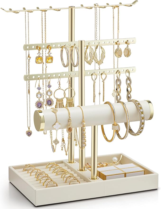 VLANDO 3 Tier Jewelry Stand Organizer with Tary, Leather Jewelry Holder Display for Women, Gold Jewlery Holder Display for Necklace, Earring, Bracelet, Rings - Cloud White