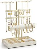 VLANDO 3 Tier Jewelry Stand Organizer with Tary, Leather Jewelry Holder Display for Women, Gold Jewlery Holder Display for Necklace, Earring, Bracelet, Rings - Cloud White