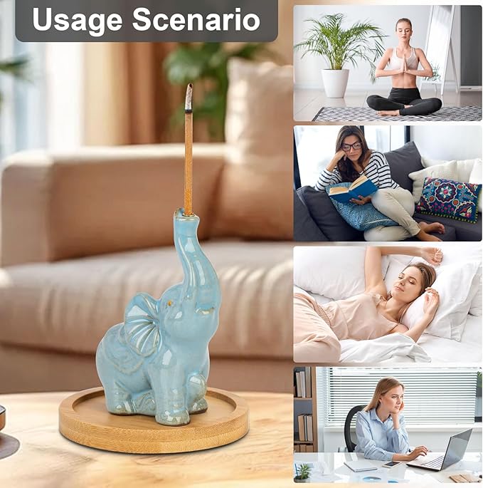 Cute Elephant Incense Holder with Wooden Coaster, Handmade Ceramic Burner, Animal Theme Incense Tray, Incense Burner for Home Decoration Accessories (Blue)