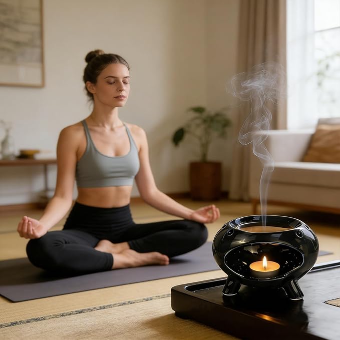 Ceramic Palo Santo Holder, Mini Chimenea Incense Burner with Vent Holes for Burn Sage, Smudge Sticks, Cones, Candle, Cedar and Zen Burner for Yoga, Meditation, Energy, Ash Catcher (Green)
