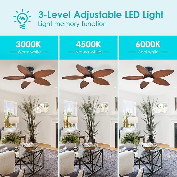 Surtime 46" Ceiling Fans with RGB Lights - Flush Mount Ceiling Fan Light with LED 3CCT Dimmable, Tropical Palm Leaf Ceiling Fans for Indoor Party,Covered Outdoor （Brown）
