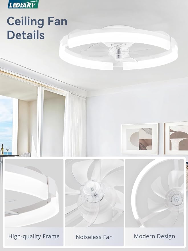 LEDIARY 20" Ceiling Fans with Lights and Remote, Modern Low Profile Ceiling Fan, 3 CCT, Stepless Dimmable, Fandelier Flush Mount Fan Light, 6 Speeds, DC Motor, App & Remote Control for Bedroom(White)