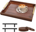 SXNOWS Large Wooden Serving Tray with 2 Sets of Handles,Dark Brown | Rectangle 16.5x13 Inch Ottoman Decorative Tray for Coffee Table Kitchen Bar Living Room Breakfast in Bed, 4 Coasters Included