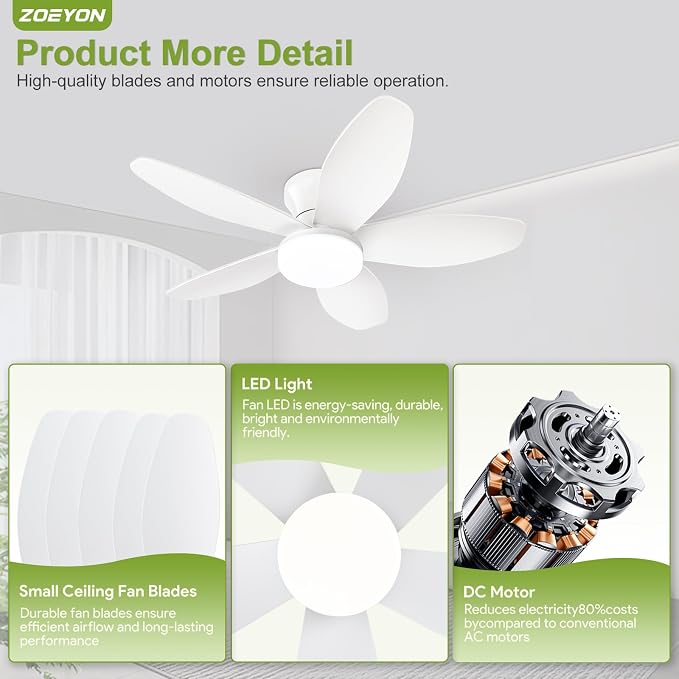 Small Ceiling Fan with Light - 35 Inch Flush Mount Ceiling Fan with Lights and Remote, Low Profile Ceiling Fans with 5 Reversible Blades, 6 Wind Speeds, White Ceiling Fans for Bedroom