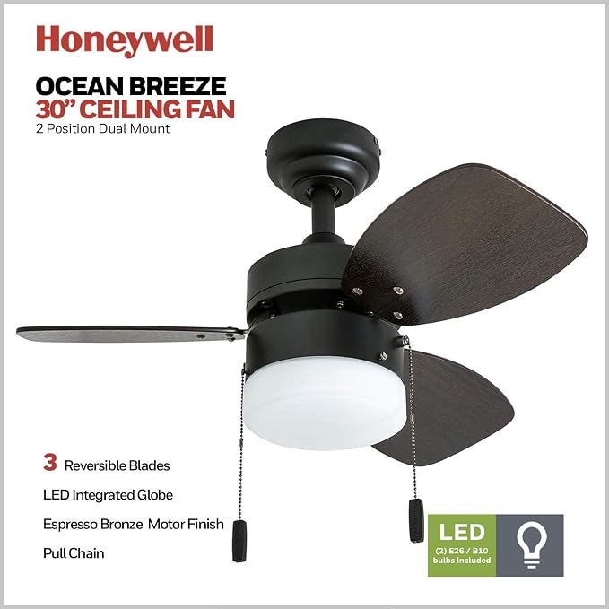 Honeywell Ceiling Fans Ocean Breeze Modern 30 Inch Ceiling Fan with Light, Pull Chain LED Indoor Fan with 3 Blades, Dark Brown Chestnut and Light Oak Blade Finish Options, Bronze (50602-01)