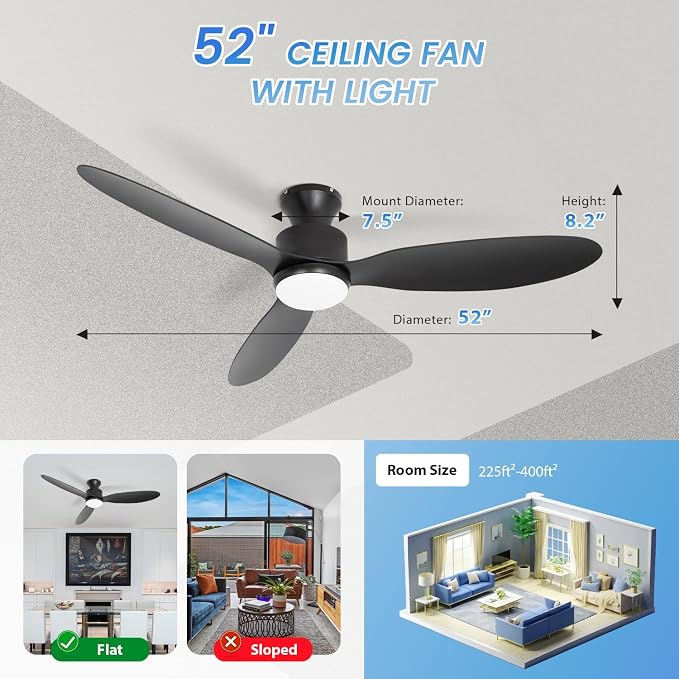 Flush Mount Ceiling Fan with Light and Remote, 52 inch Low Profile Ceiling Fans with Remote, 3 Color Light, 6 Speed, DC Motor, (ABS, Classic Black)