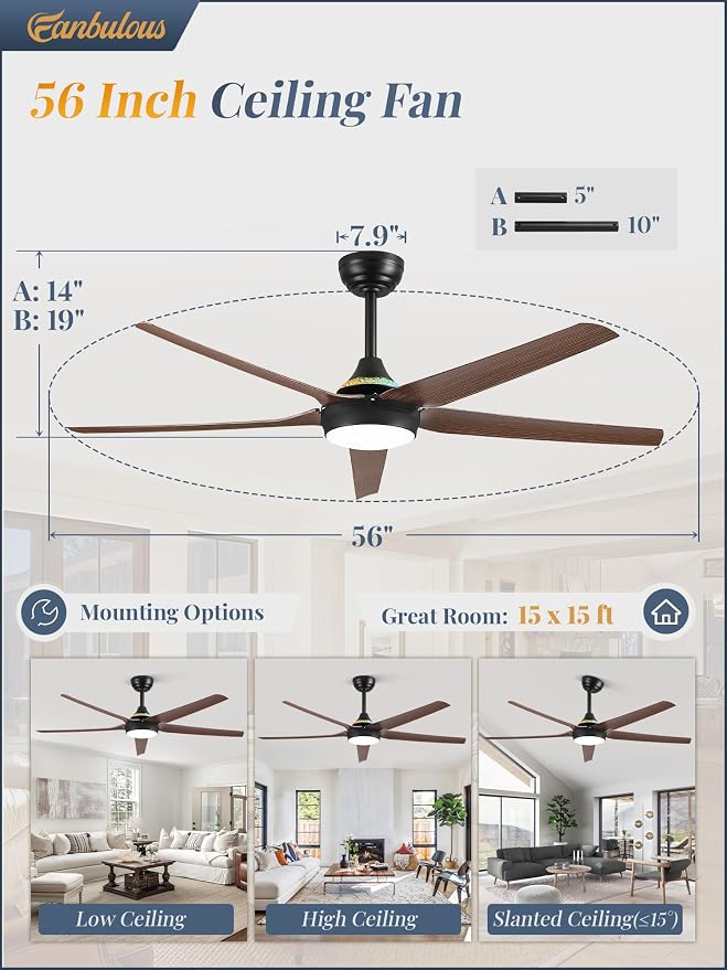 Fanbulous 56'' Smart Ceiling Fans with RGB Lights, Modern Ceiling Fan with Alexa/App/Remote Control, Dimmable LED Light, Reversible DC Motor, for Living Room, Bedroom, Game Room, Walnut