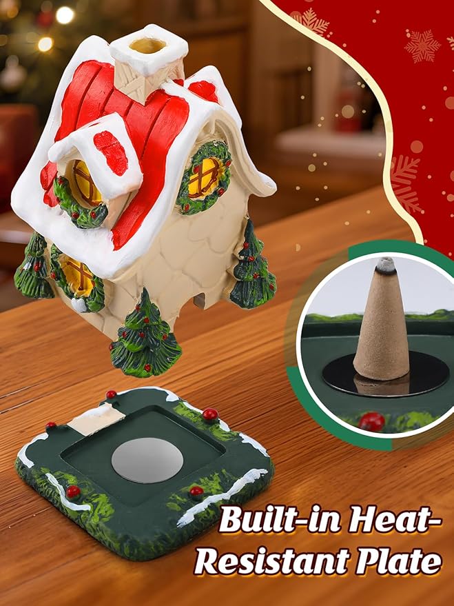 Christmas Log Cabin Incense Burner - Gift for Mom Wife Her Women, Christmas Village House Incense Holder with 2 Incense Cones for Home Decorations, Red