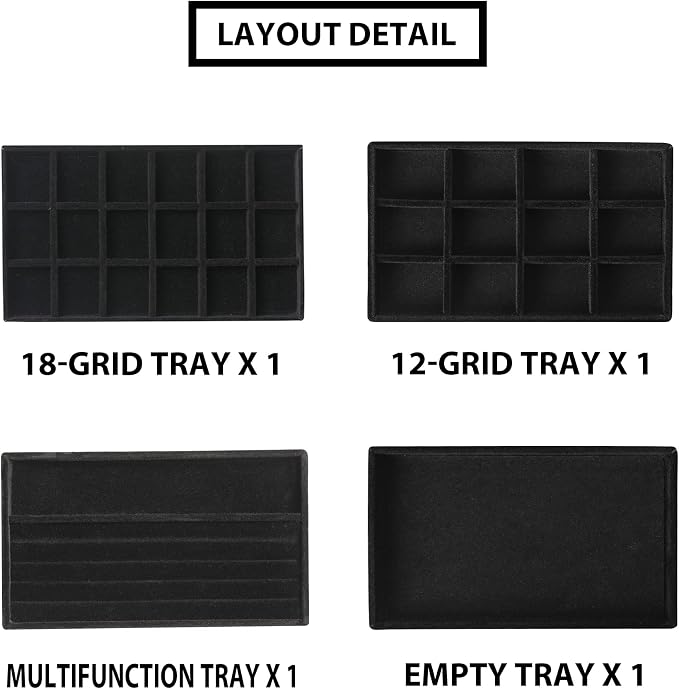 Frebeauty Jewelry Trays for Drawer,Set of 4 Jewelry Organizer and Storage | Velvet Material,Earring Holder Organizer,Stackable Jewelry Display for Vanity,Drawer Inserts for Rings,Studs,8.3×4.9 inch