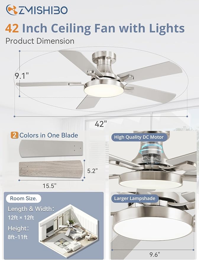 ZMISHIBO 42 Inch Ceiling Fans with Lights, Flush Mount Low Profile Ceiling Fan with 6 Speeds & 3CCT, Smart Remote&APP Control, Dimmable 24W LED Light, Quiet DC Motor for Living Room Bedroom,Nickel