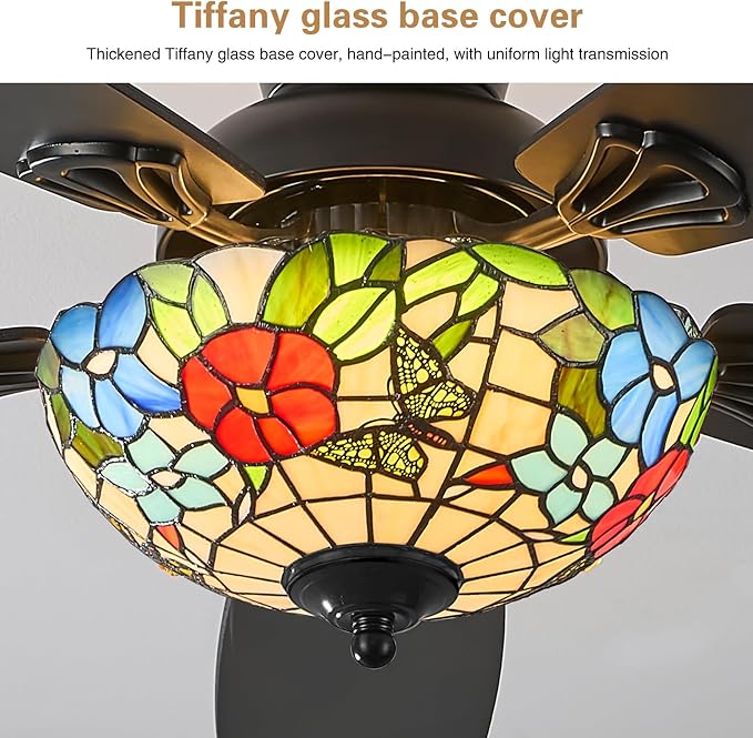 Tiffany Ceiling Fans with Lights - 48" Ceiling Fan Chandelier with 5 Dual-Blades and Glass Shade, 6 Speeds and Reversible, Indoor and Outdoor, Retro Style