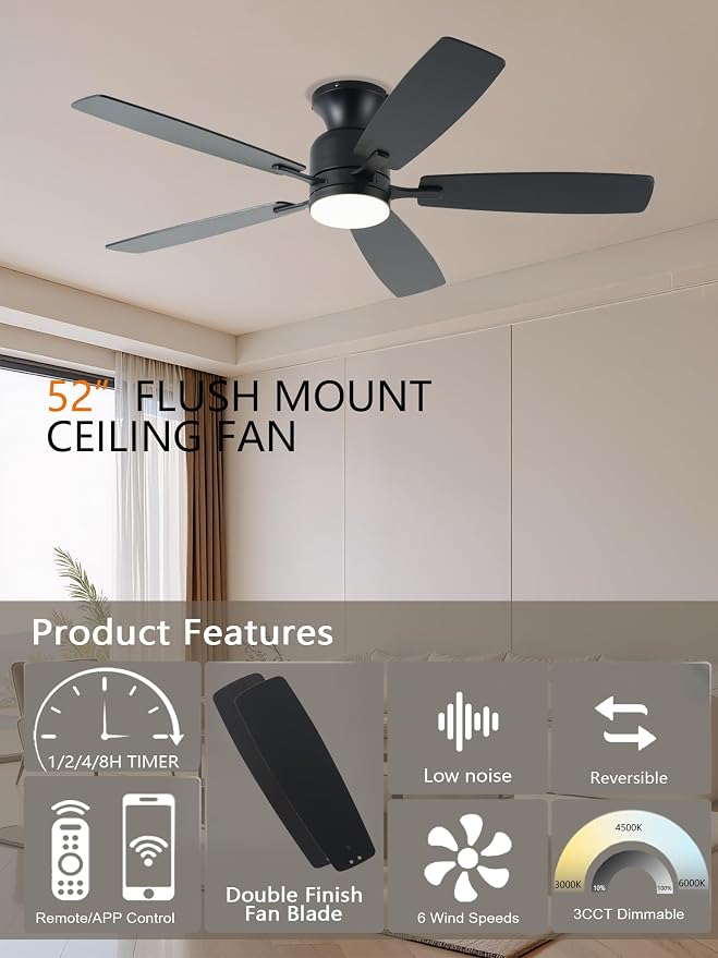 KNUN 52 Inch Ceiling Fans with Lights,ceiling fans with lights and remote， 3CCT Dimmable, Double-Sided Blades, Reversible Motor, (Black)