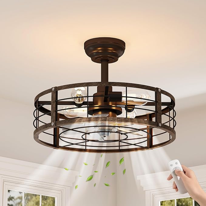 GarveeHome Caged Ceiling Fan 20in with Light, Flush Mount Fan Light Fixture | Metal Cage Flush Mount Ceiling Fan with Light, Remote Control Farmhouse Fan Light for Bedroom