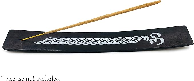 Incense Holder with Om Symbol - Black Wooden Tray with Painted White Om Design - for Incense Sticks, Meditation Accessories, Room Decor - 10 Inches